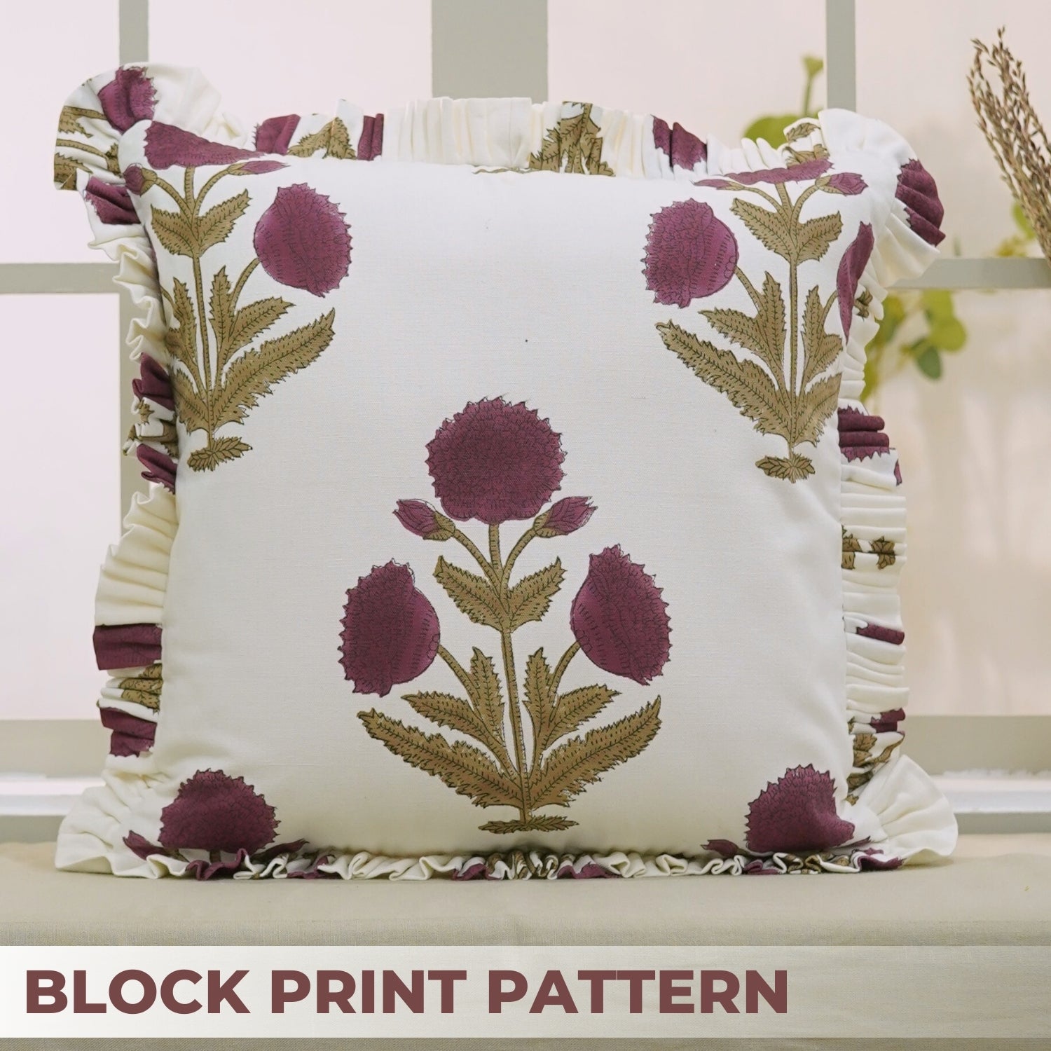 Floral Handmade Block Printed Thick Cotton White Frill Pillow Cover - Badshah