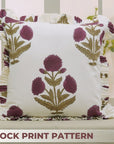 Floral Handmade Block Printed Thick Cotton White Frill Pillow Cover - Badshah