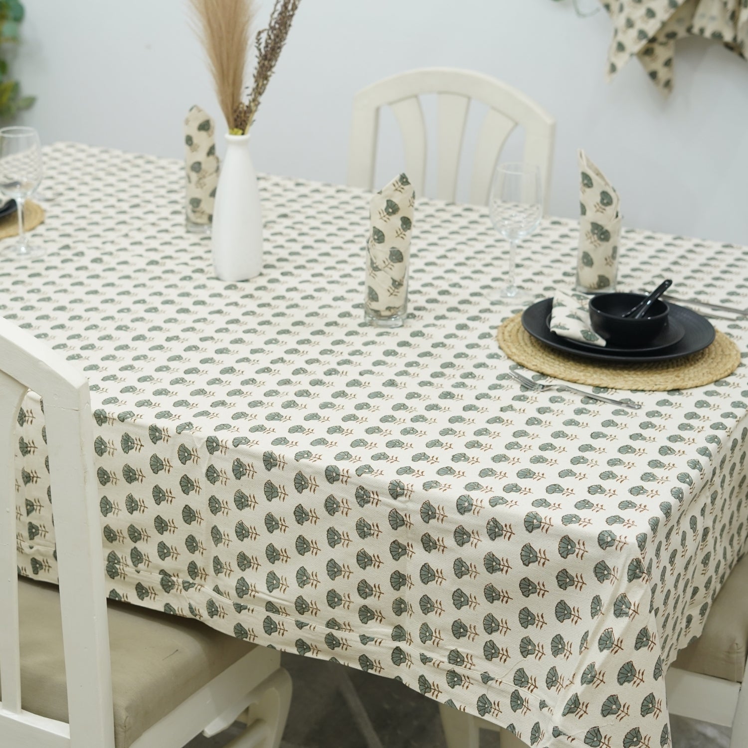 White Floral Block Print Table Cover in Duck Canvas – Elegant And Durable Dining Decor - Kohinoor Gray By Fabdivine