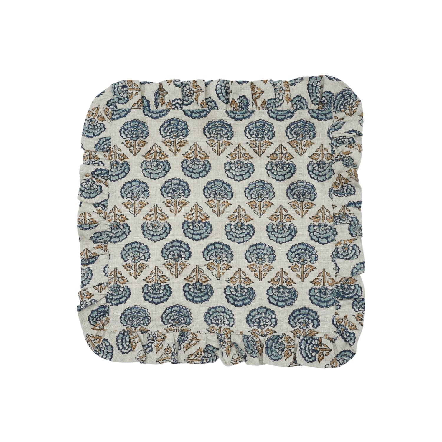 Vintage Inspired Floral Printed Soft Hemmed Frill Table Napkins - 100% Pure Linen Jatyu Blue