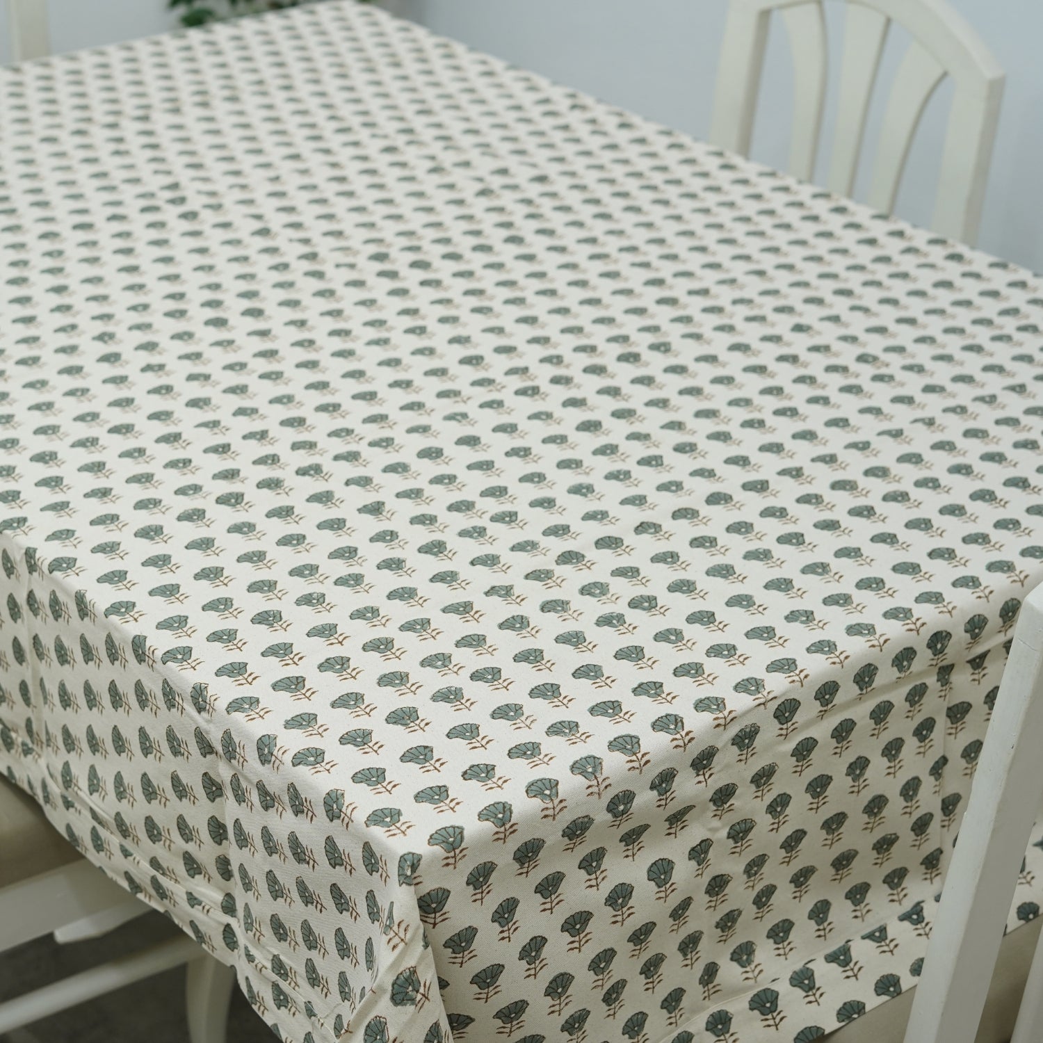 White Floral Block Print Table Cover in Duck Canvas – Elegant And Durable Dining Decor - Kohinoor Gray By Fabdivine