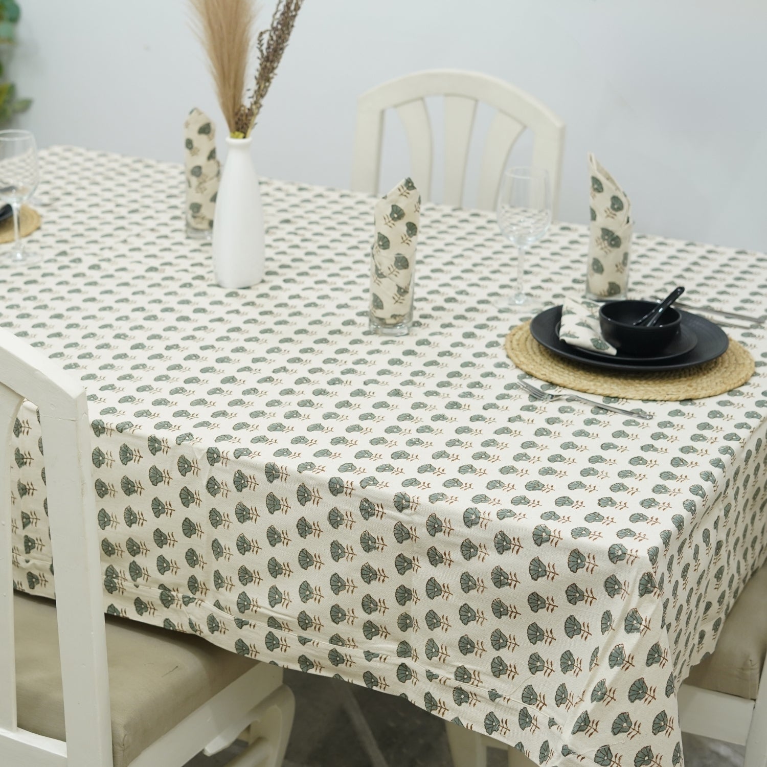 White Floral Block Print Table Cover in Duck Canvas – Elegant And Durable Dining Decor - Kohinoor Gray By Fabdivine