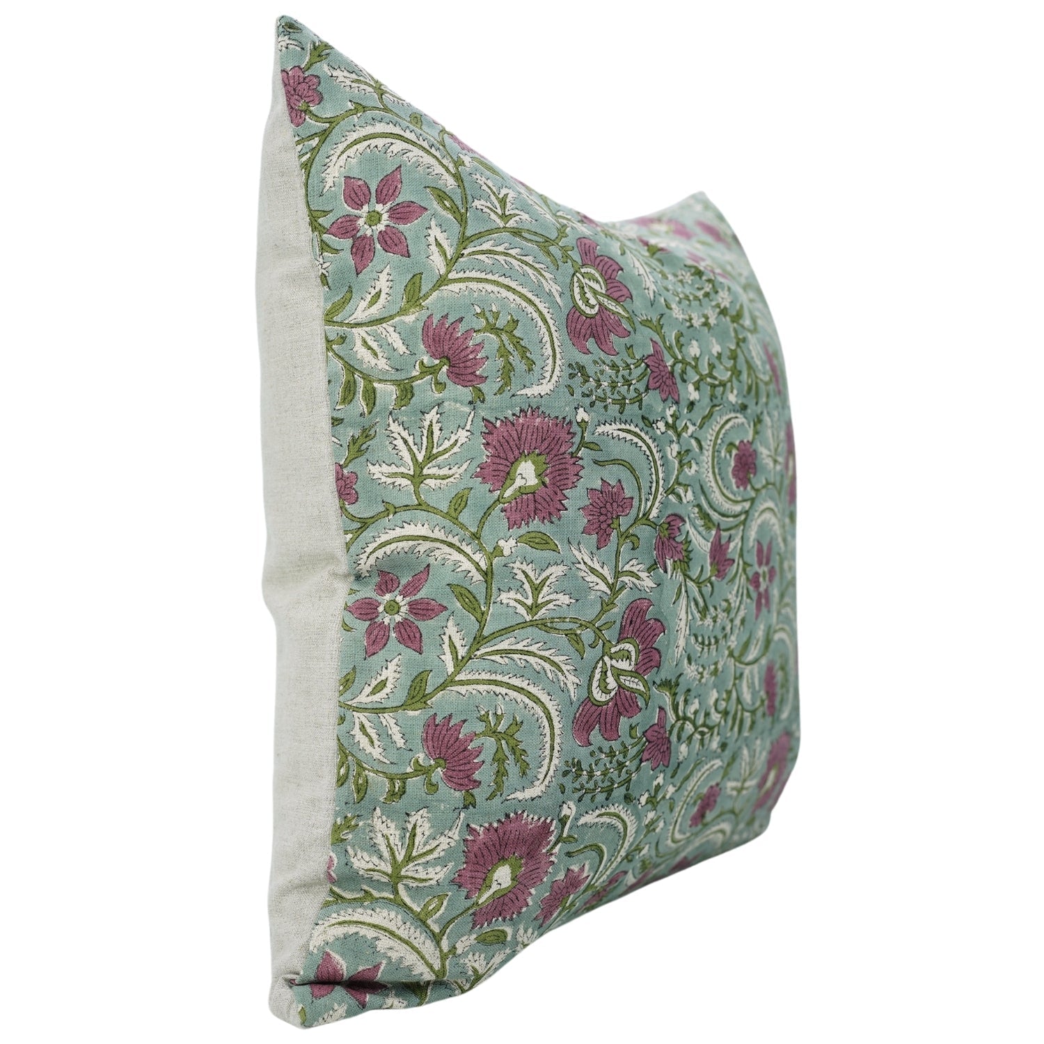 Pure Linen Block Printed Cushion Cover – Kundanvan Green Floral Design By Fabdivine