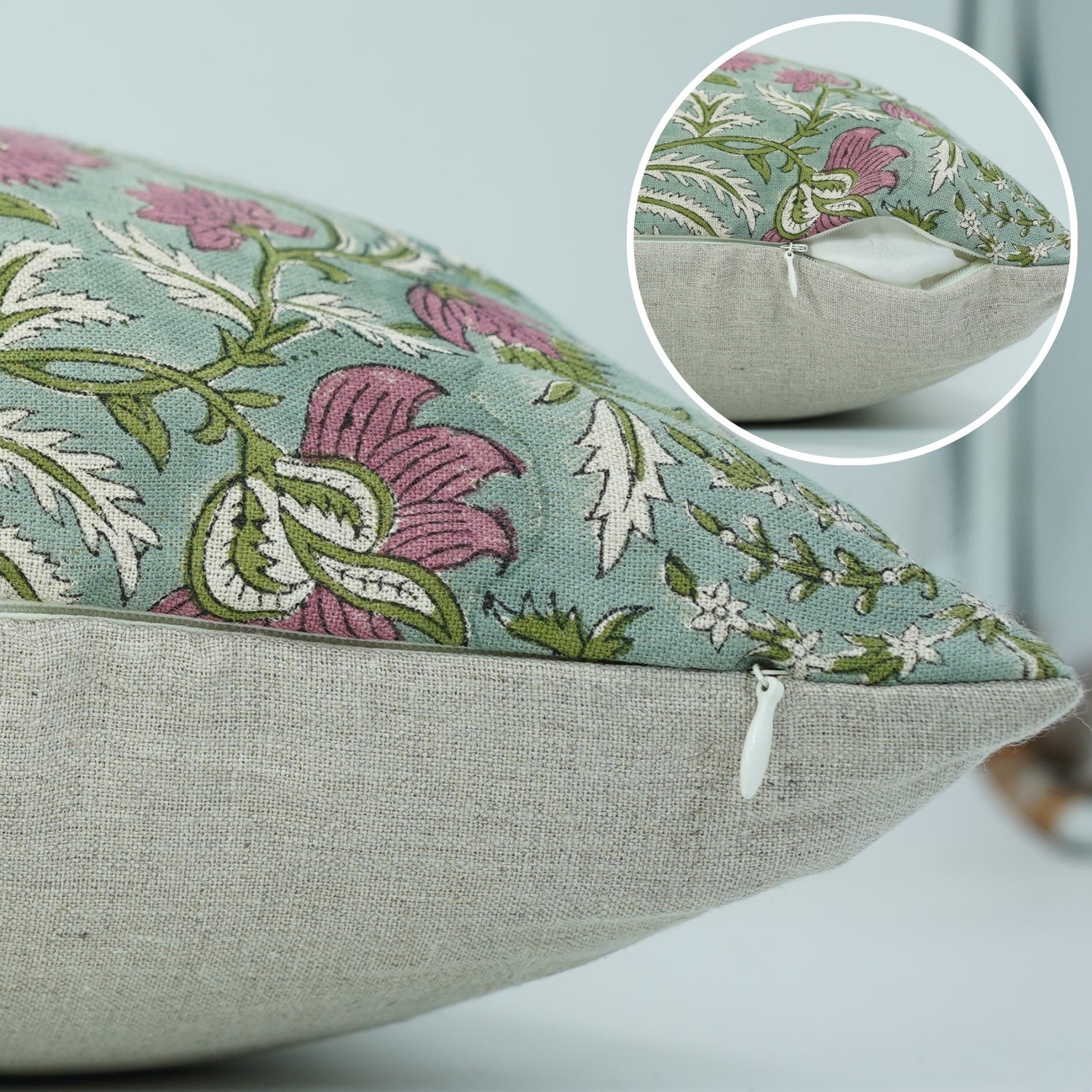 Pure Linen Block Printed Cushion Cover – Kundanvan Green Floral Design By Fabdivine