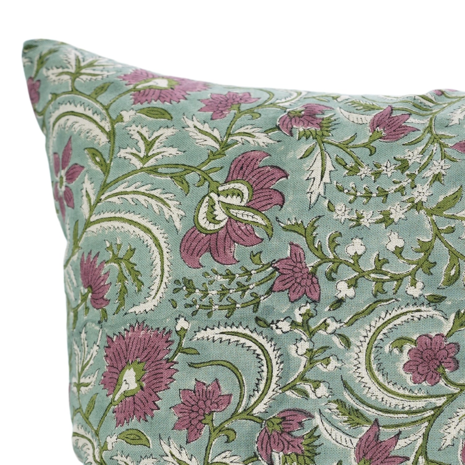 Pure Linen Block Printed Cushion Cover – Kundanvan Green Floral Design By Fabdivine