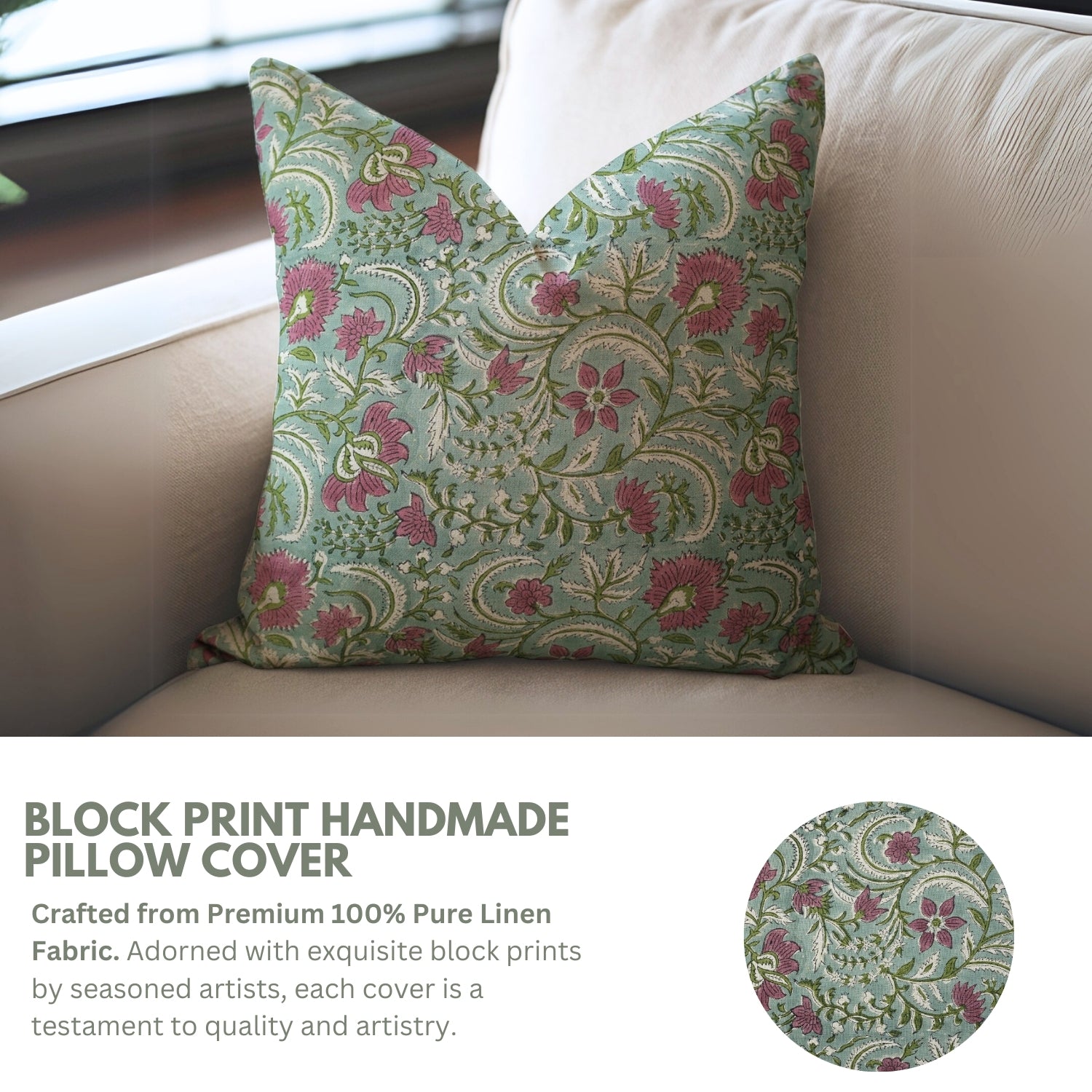 Block Print Pure Linen Pillow Cover-Kundanvan