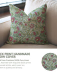 Pure Linen Block Printed Cushion Cover – Kundanvan Green Floral Design By Fabdivine