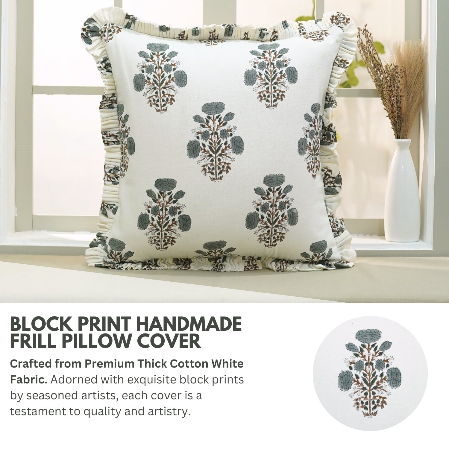 Block Print Thick Cotton White Frill Pillow Cover-Swadesh