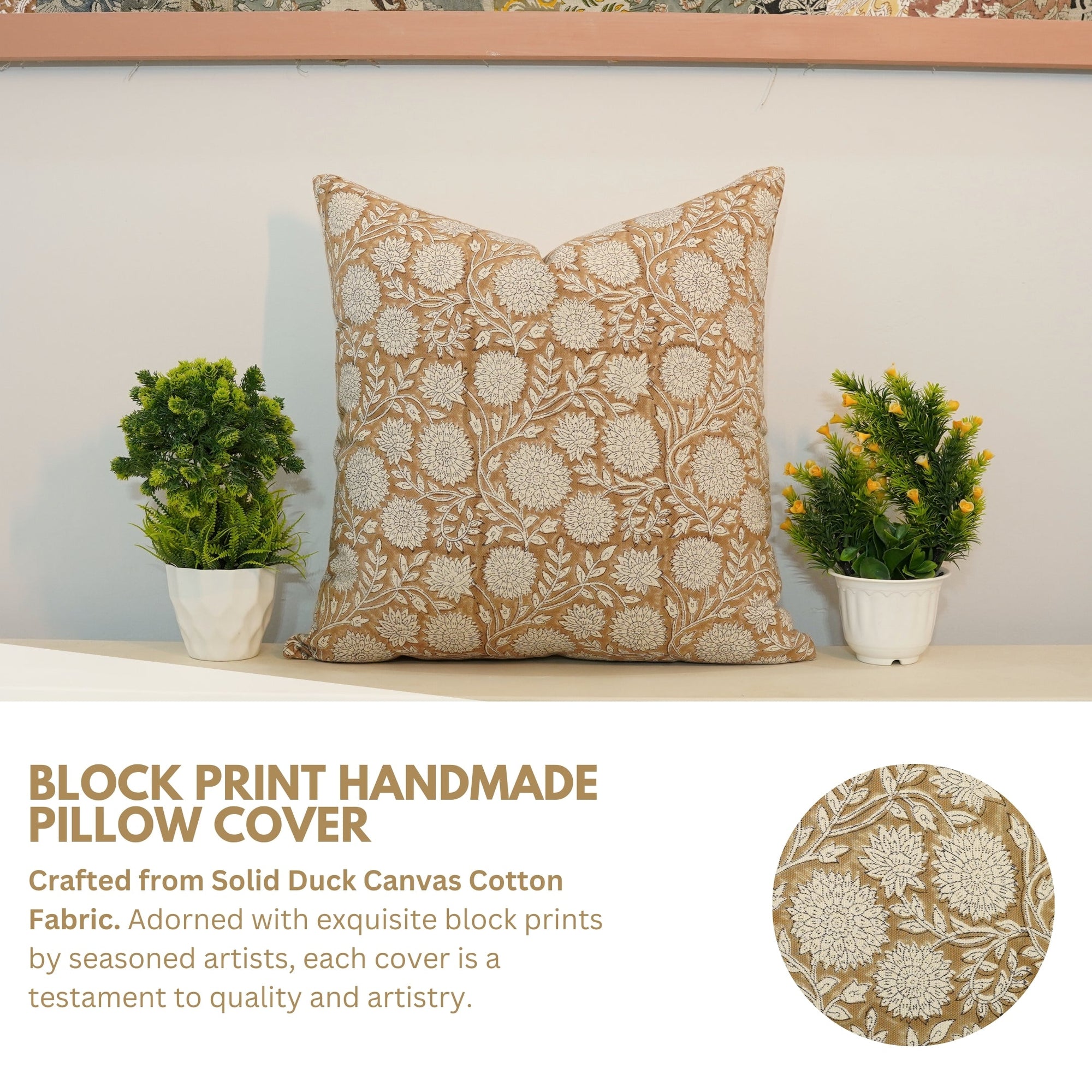 Rajat Floral Design Farmhouse Cushion Cover in Brown Duck Canvas – Rustic and Durable Home Décor By Fabdivine