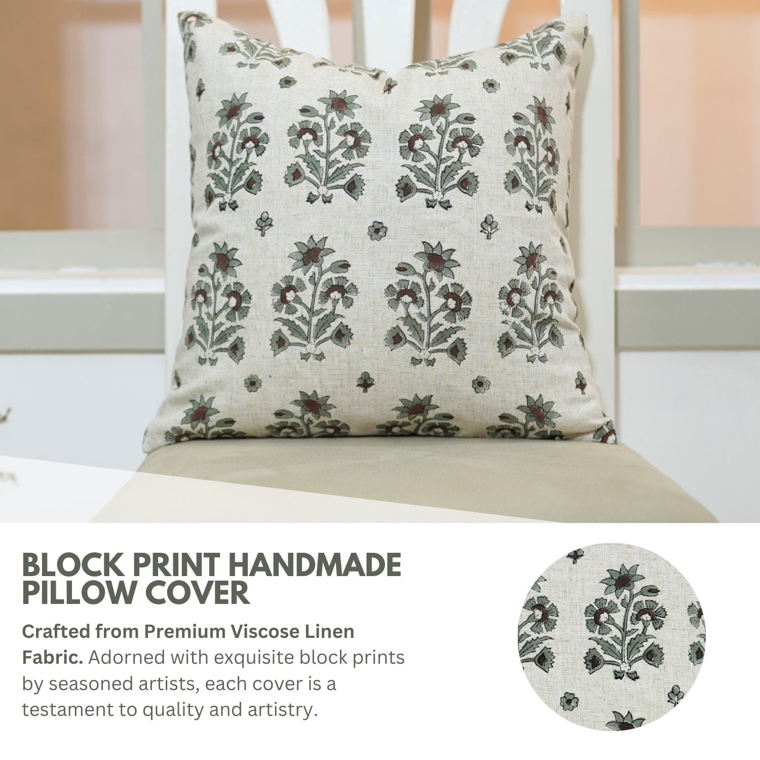 Floral HandBlock Printed Viscous Linen Pillow Cover For Sofa - Sadabahar