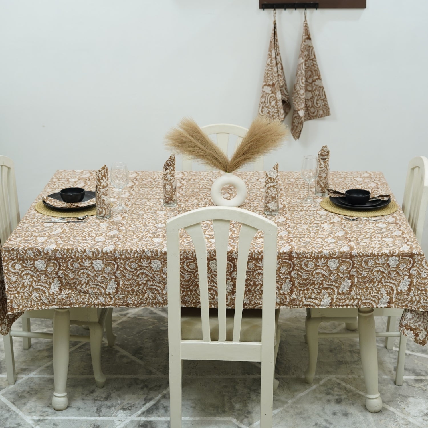 Decorative Hand Printed Tablecloth in Thick White Cotton – Kundan One for Elegant Home Decor By Fabdivine