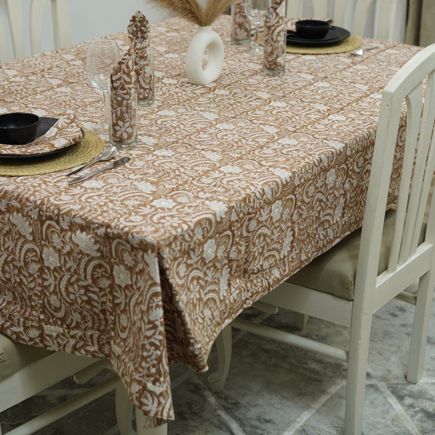 Decorative Hand Printed Tablecloth in Thick White Cotton – Kundan One for Elegant Home Decor By Fabdivine