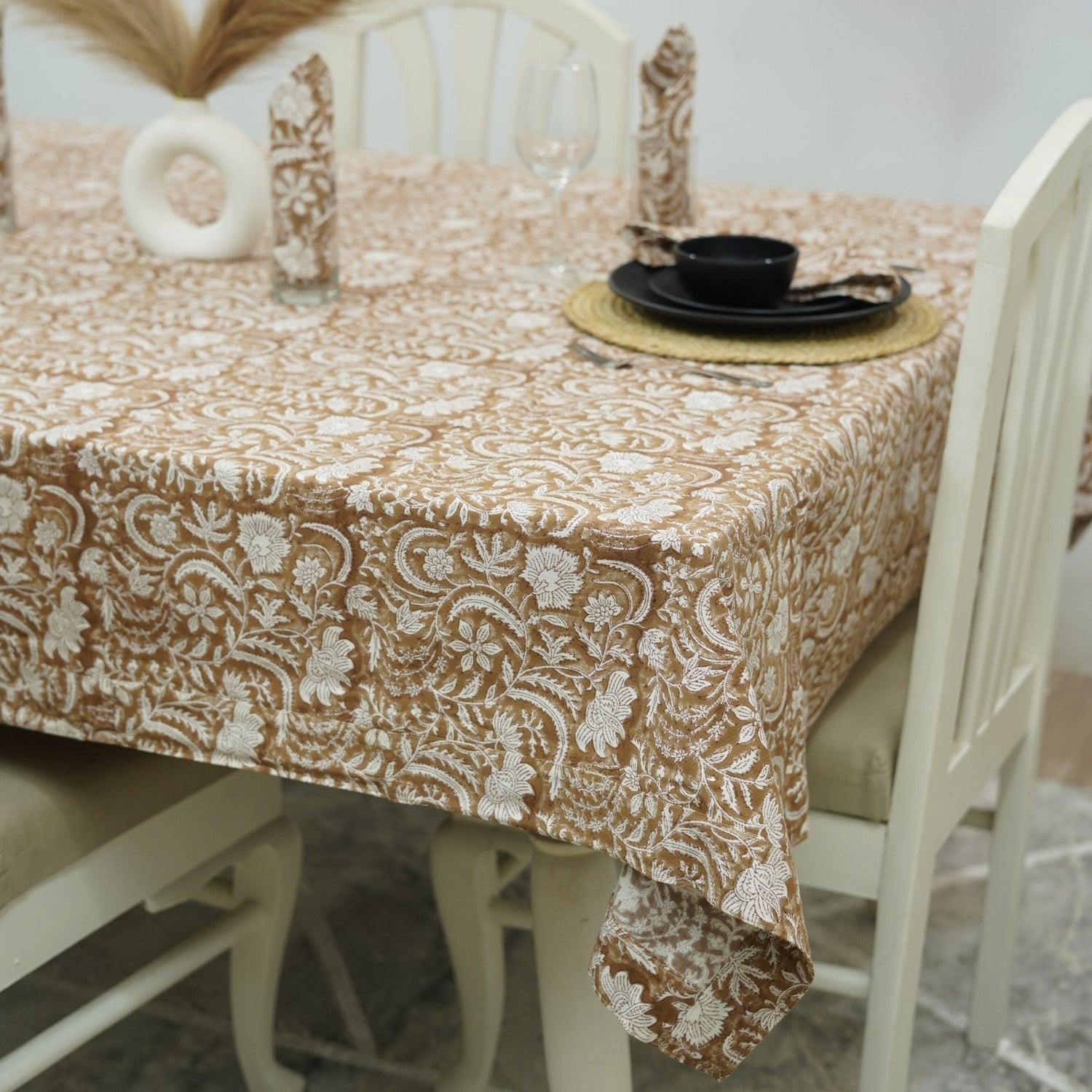 Decorative Hand Printed Tablecloth in Thick White Cotton – Kundan One for Elegant Home Decor By Fabdivine