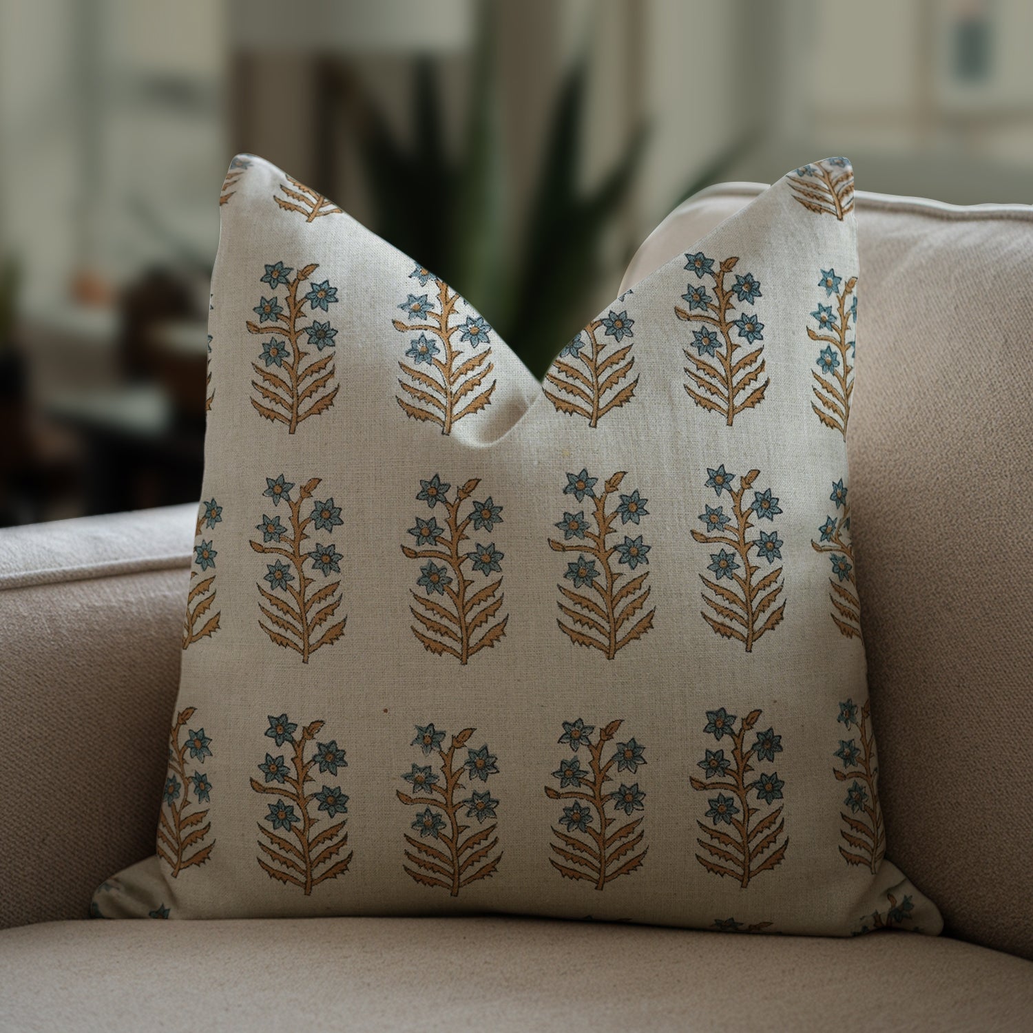 Floral Handblock Printed Blue Linen Throw Pillow Cover - Elegant & Timeless - INDERDANUSH By Fabdivine