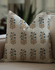 Floral Handblock Printed Blue Linen Throw Pillow Cover - Elegant & Timeless - INDERDANUSH By Fabdivine