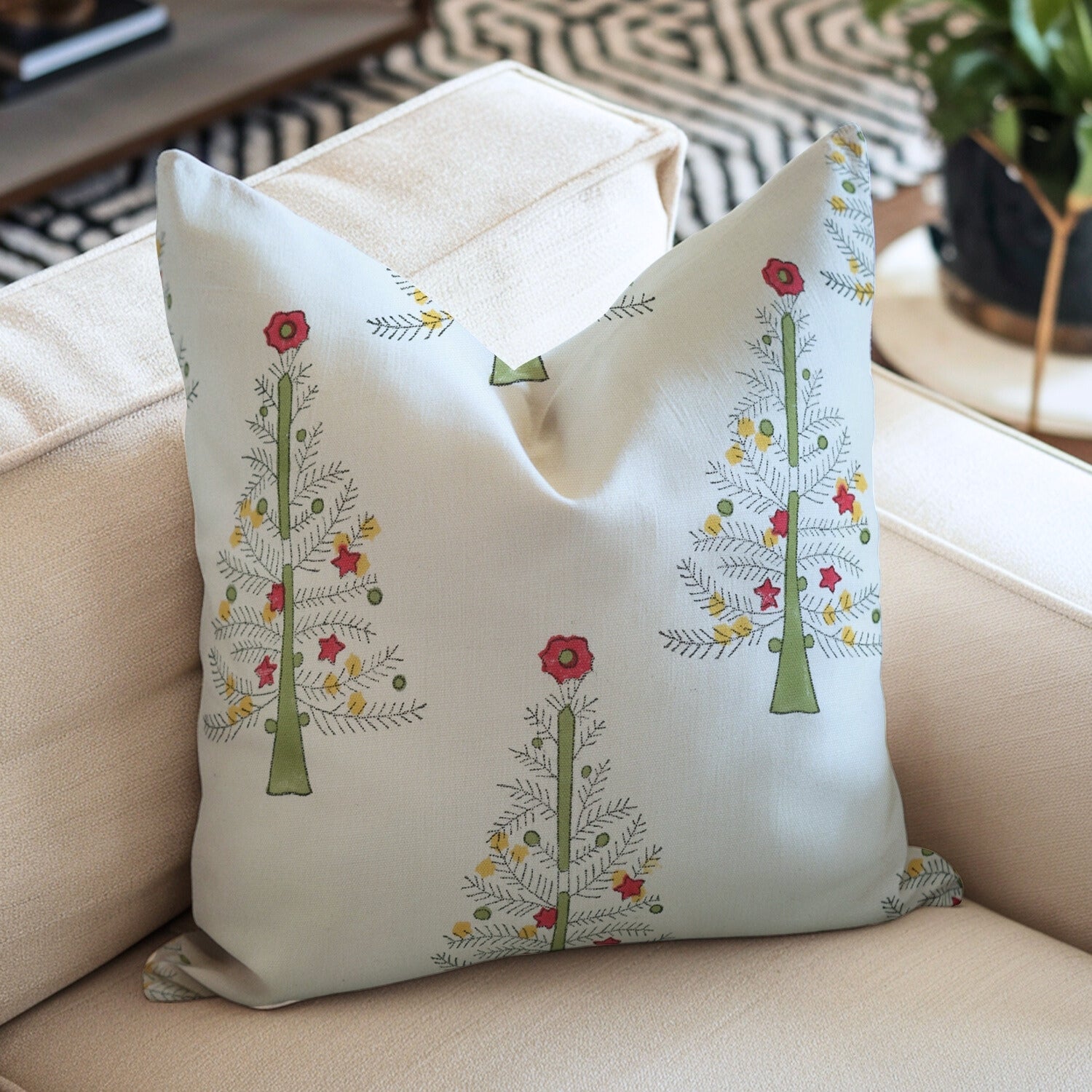 Hand Block Printed Farmhouse Thick White Cotton Pillow Cover – ChristmasTree Green By Fabdivine.