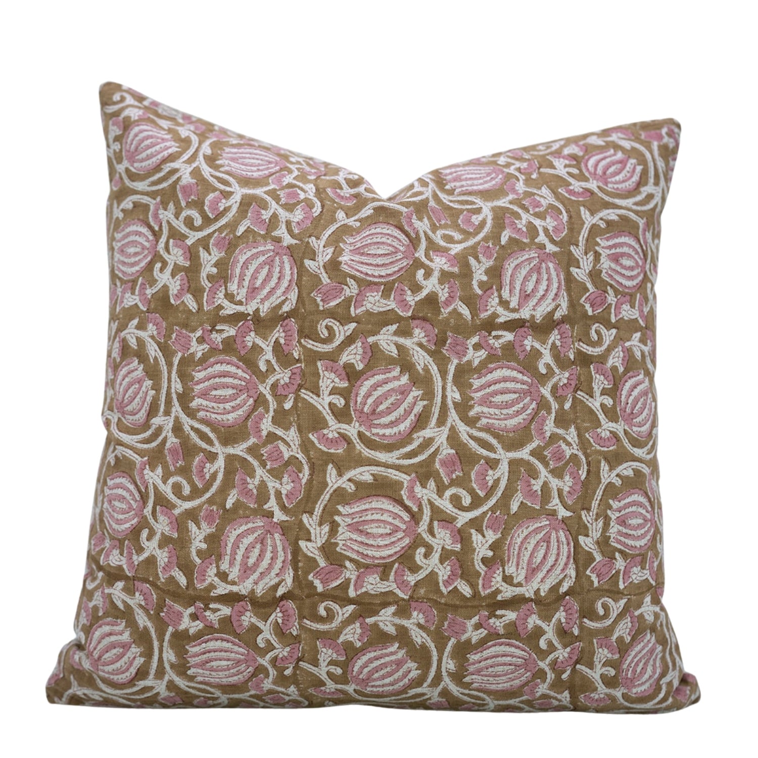 6 Kamal Handcrafted Viscose Linen Cushion Wrap – Pink & Brown Floral Block Print Elegance