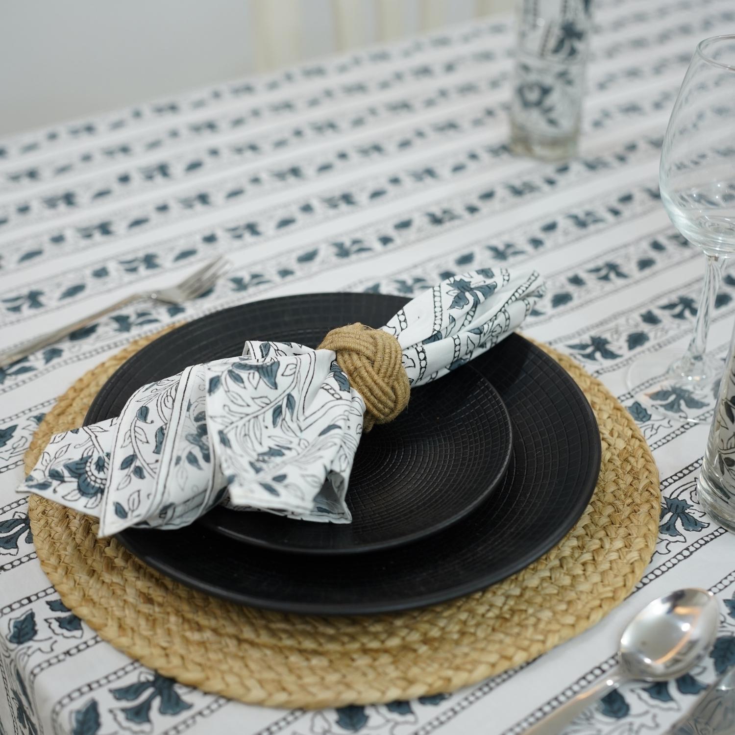 HAND BLOCK FLORAL PRINTED COTTON KITCHEN TABLE COVER NAPKINS SET - MANGAL PANDEY