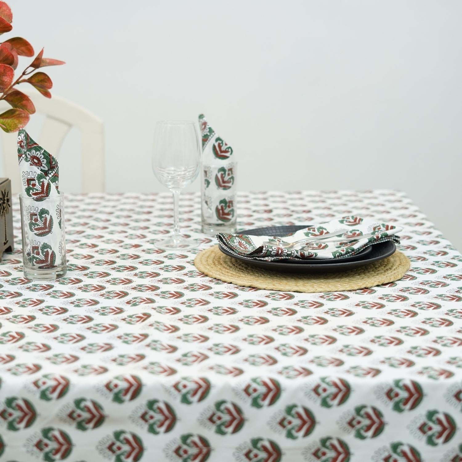 HAND BLOCK PRINTED FLORAL COTTON KITCHEN TABLE WRPS And NAPKINS SET - CHUI MUI