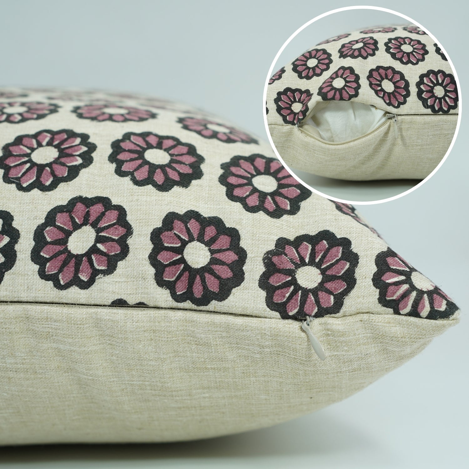 Indian Hand Block Printed Linen Blend Cushion Cover – Bulbul Floral Design By Fabdivine