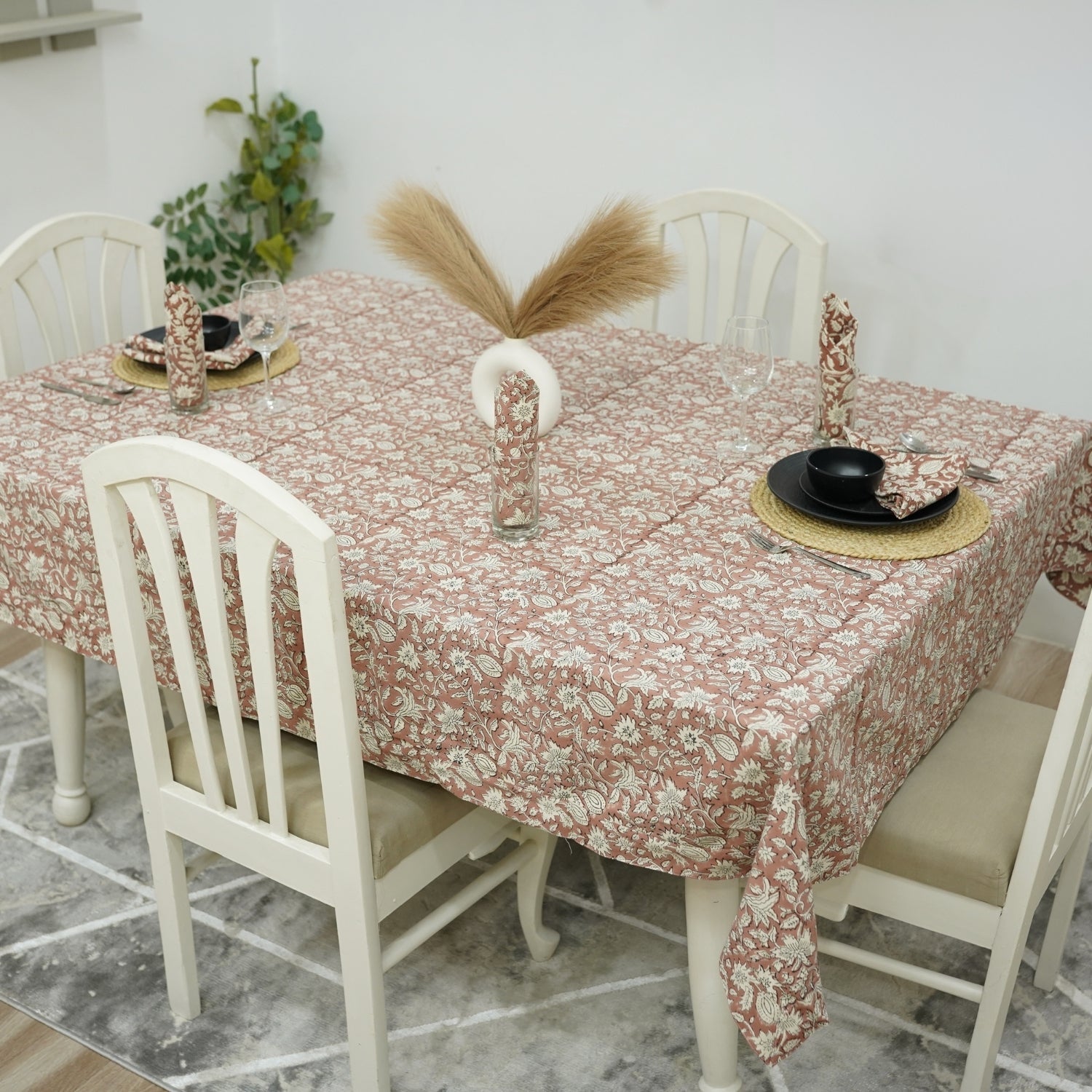 Classic Floral Hand-Block Printed Duck Canvas Custom Tablecloth – Manikarnika By Fabdivine