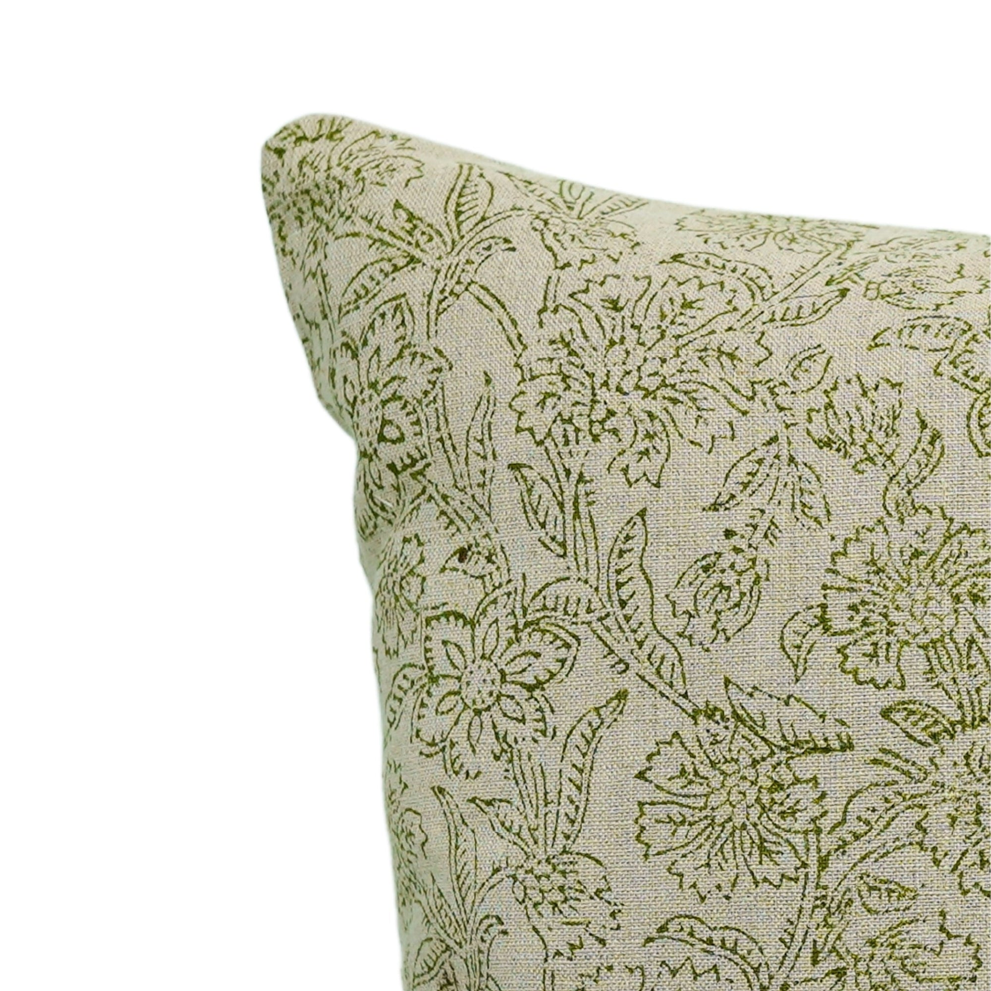 Handcrafted Floral Block Printed Green Jarul Pure Linen Cushion Case - Elegant Home Décor By Fabdivine