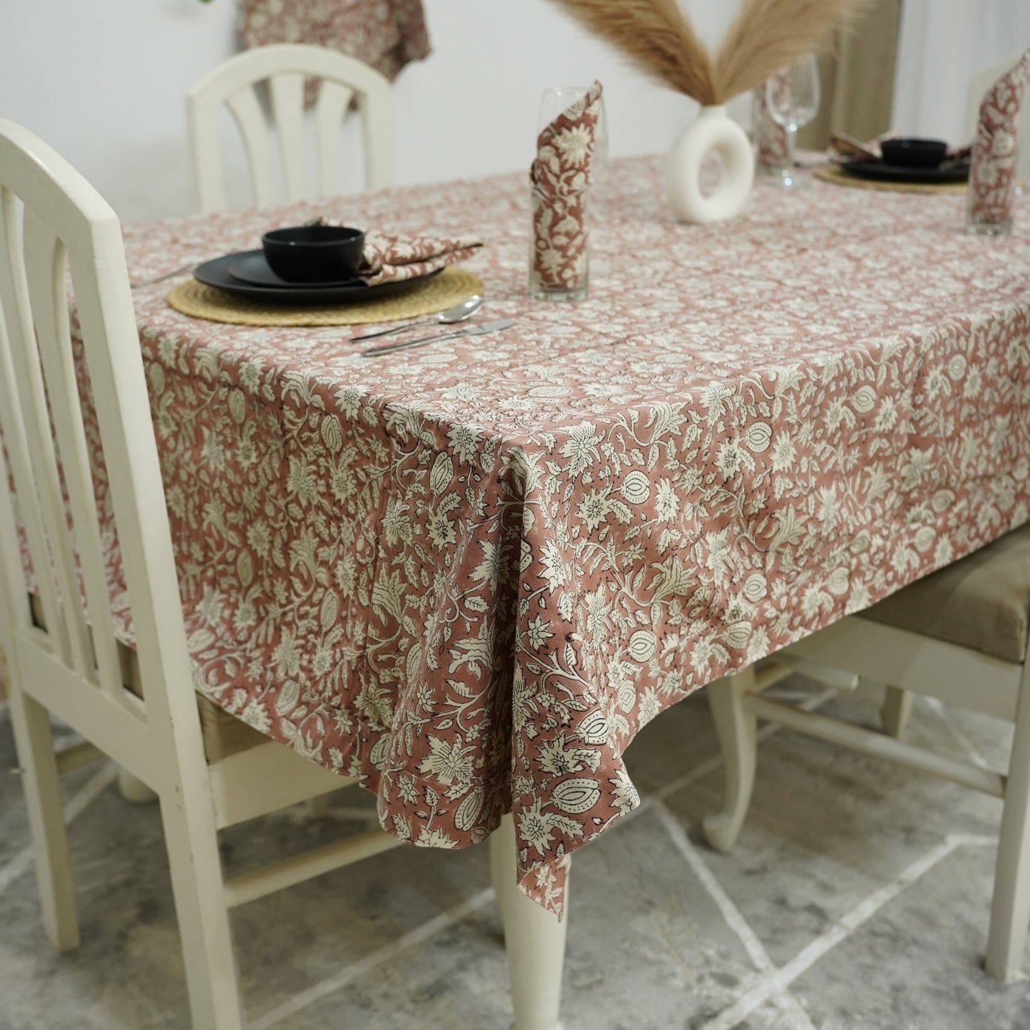 Classic Floral Hand-Block Printed Duck Canvas Custom Tablecloth – Manikarnika By Fabdivine