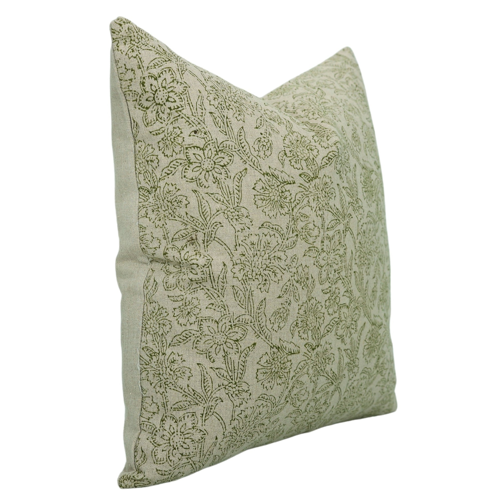 Handcrafted Floral Block Printed Green Jarul Pure Linen Cushion Case - Elegant Home Décor By Fabdivine