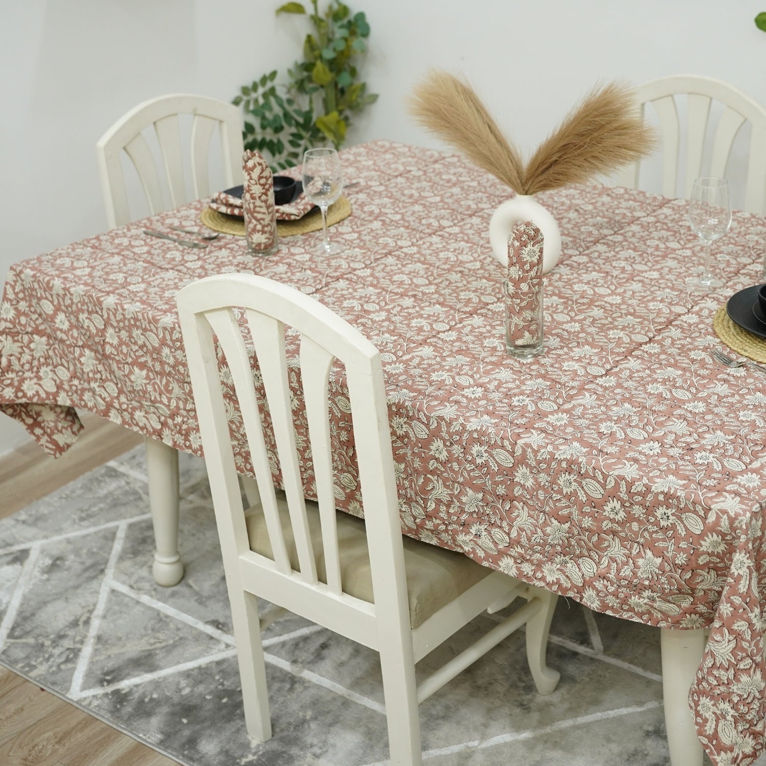 Classic Floral Hand-Block Printed Duck Canvas Custom Tablecloth – Manikarnika By Fabdivine