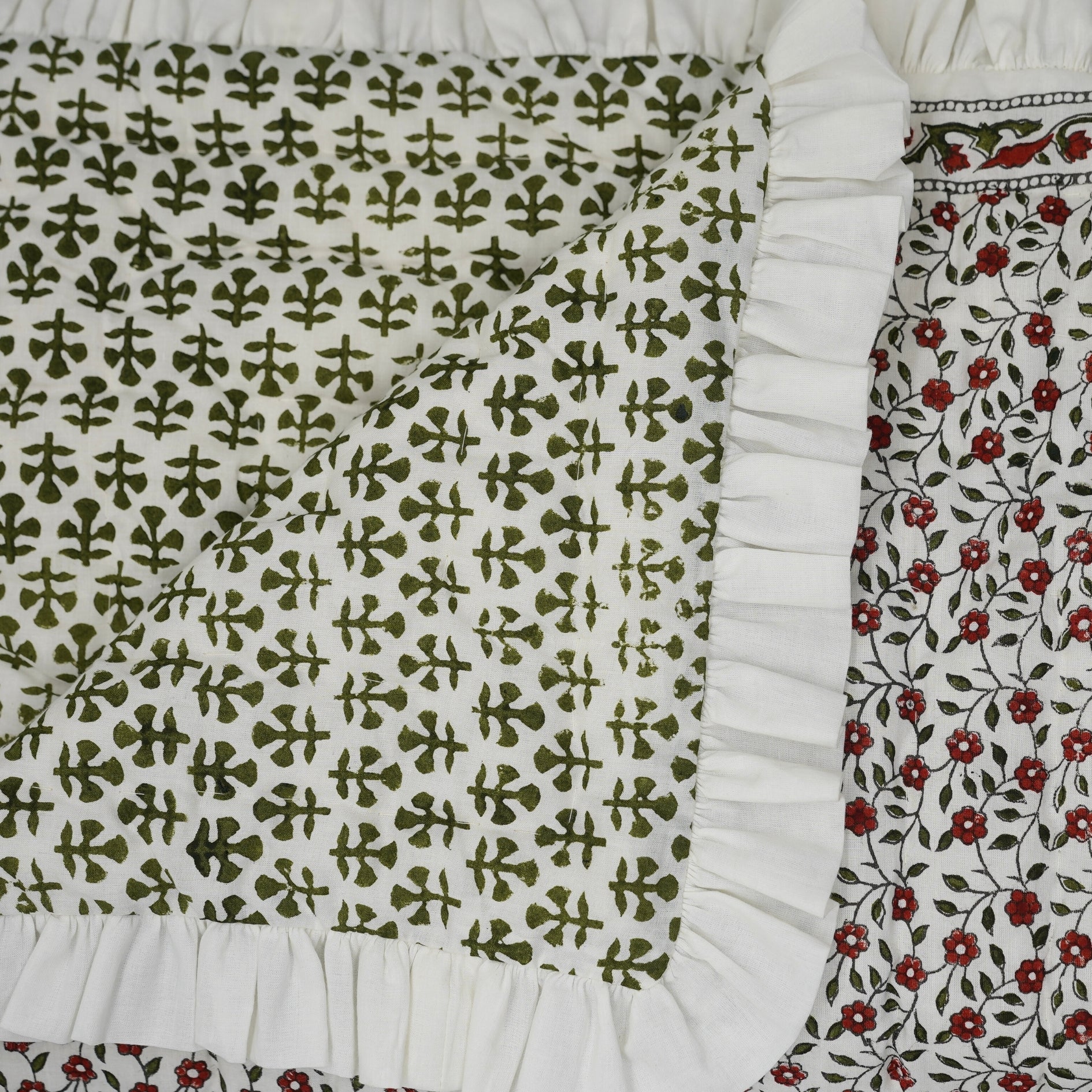 Block Printed Floral Green And Brown Handmade Cotton Quilt