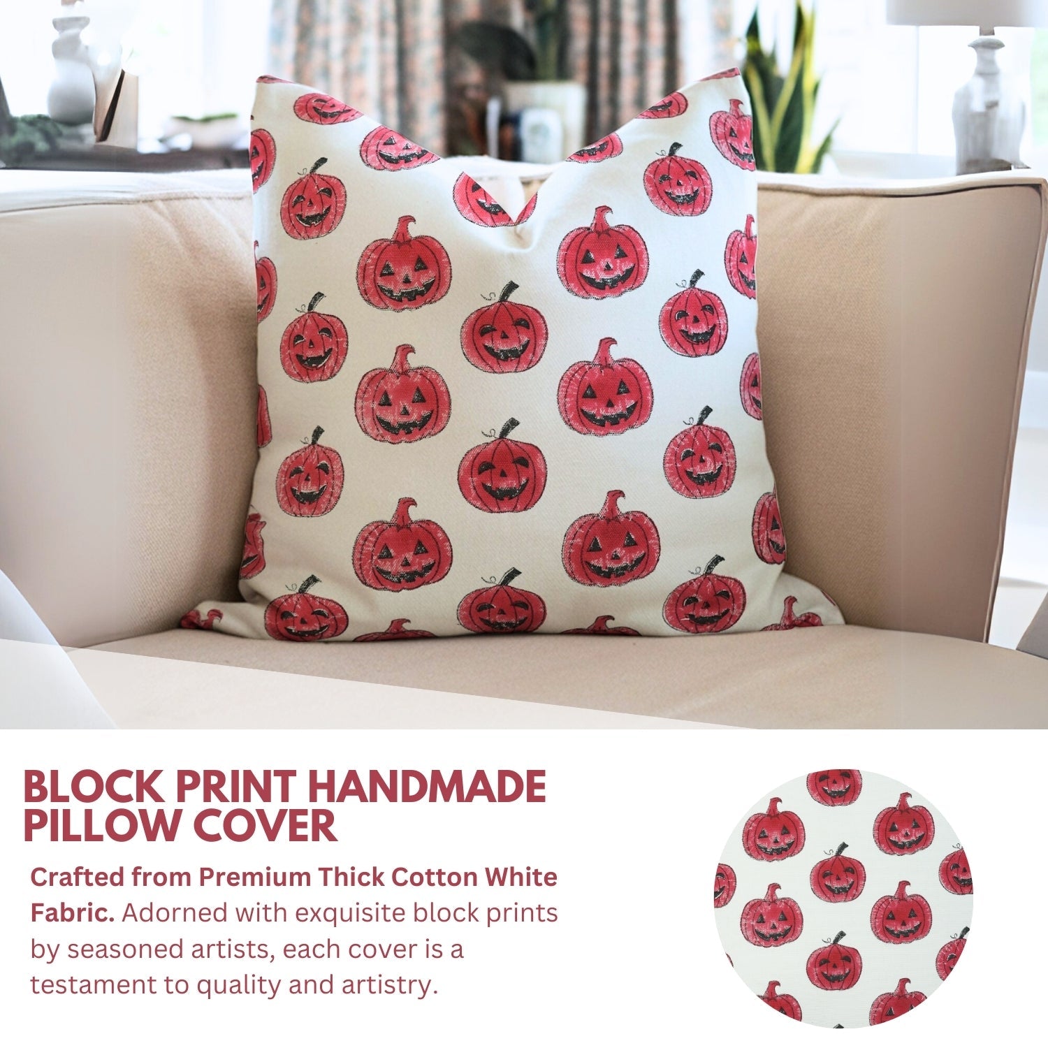 Hand Block Printed Throw Cushion Cover Thick White Cotton – Pumpkin Red By Fabdivine.