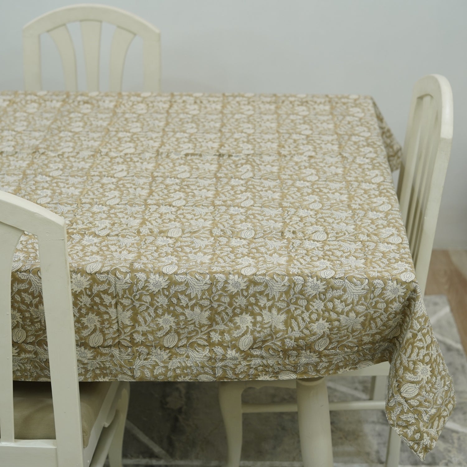 Charming Thick White Cotton Tablecloth with Handcrafted Manikarnika Floral Prints – Elegant Dining Décor By Fabdivine