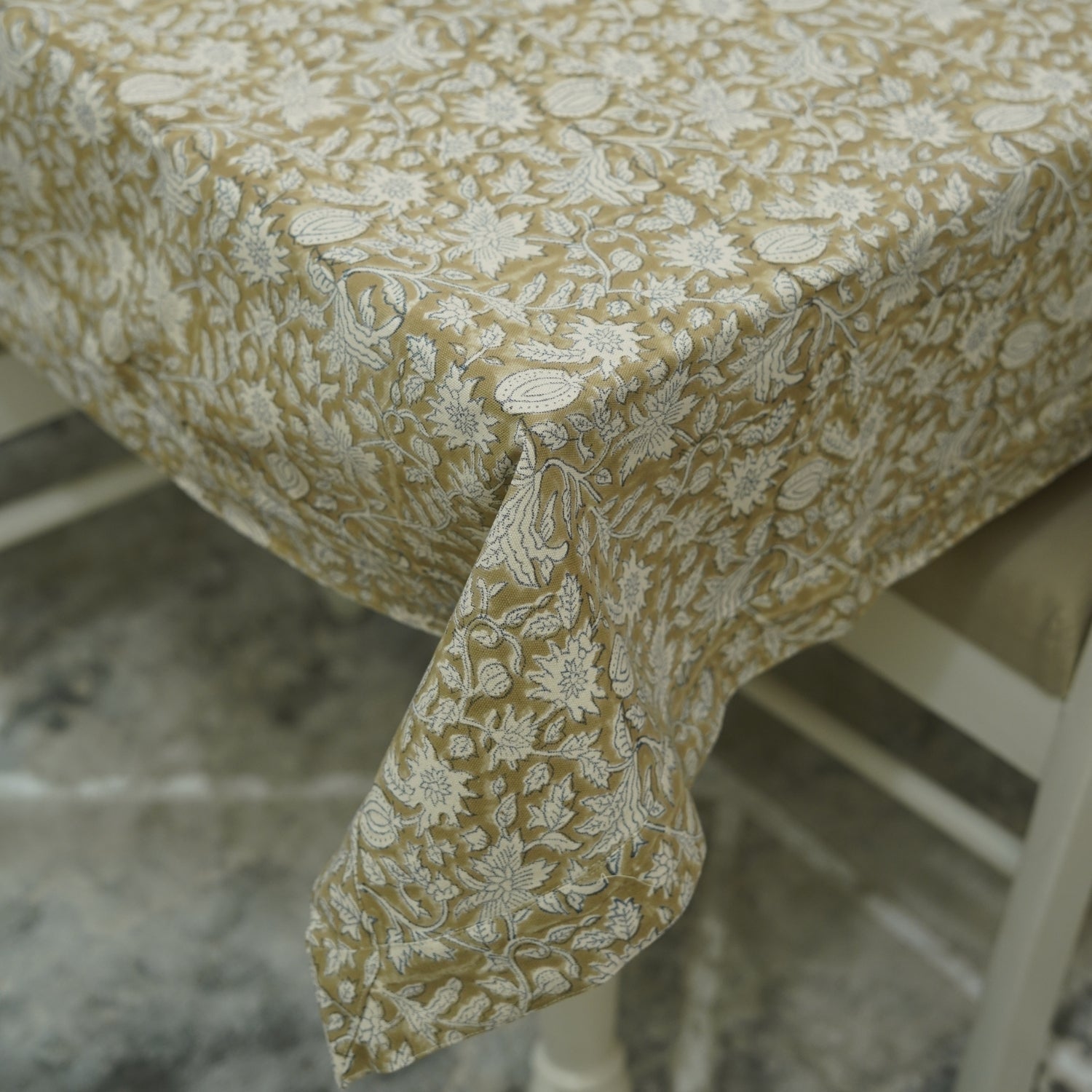 Charming Thick White Cotton Tablecloth with Handcrafted Manikarnika Floral Prints – Elegant Dining Décor By Fabdivine