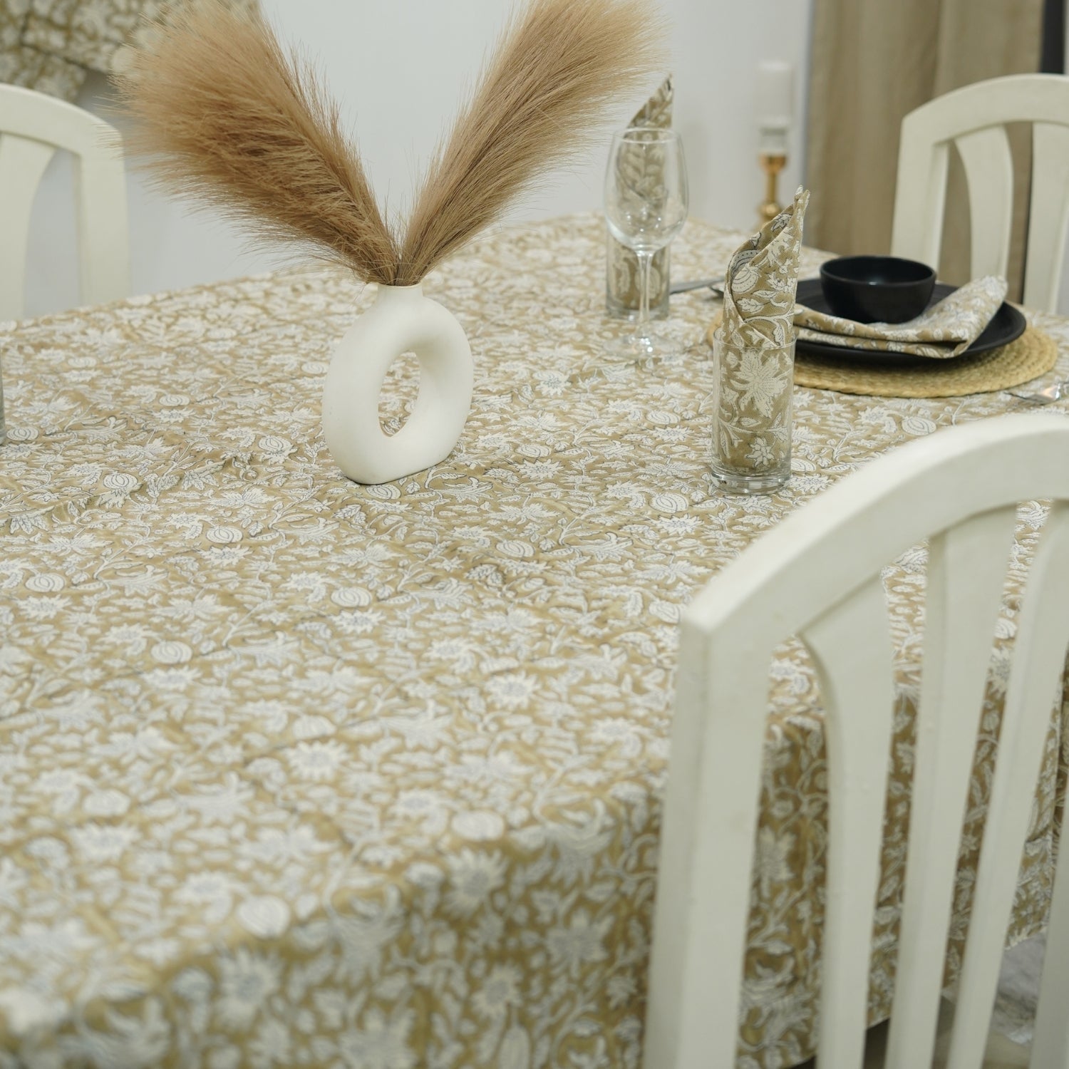 Charming Thick White Cotton Tablecloth with Handcrafted Manikarnika Floral Prints – Elegant Dining Décor By Fabdivine