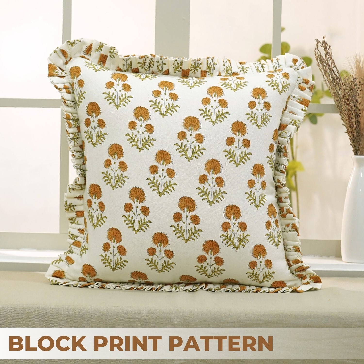 Thick Cotton White Block Print Designer Boho Pillow/Cushion Cover - Rishi