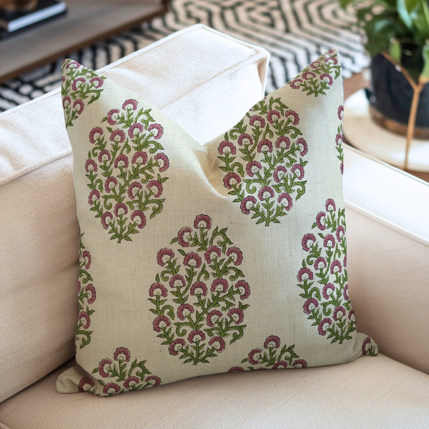 Hand Block Printed Home Decor Floral Pillow Case – Pure Linen Gudhal Green Design By Fabdivine.