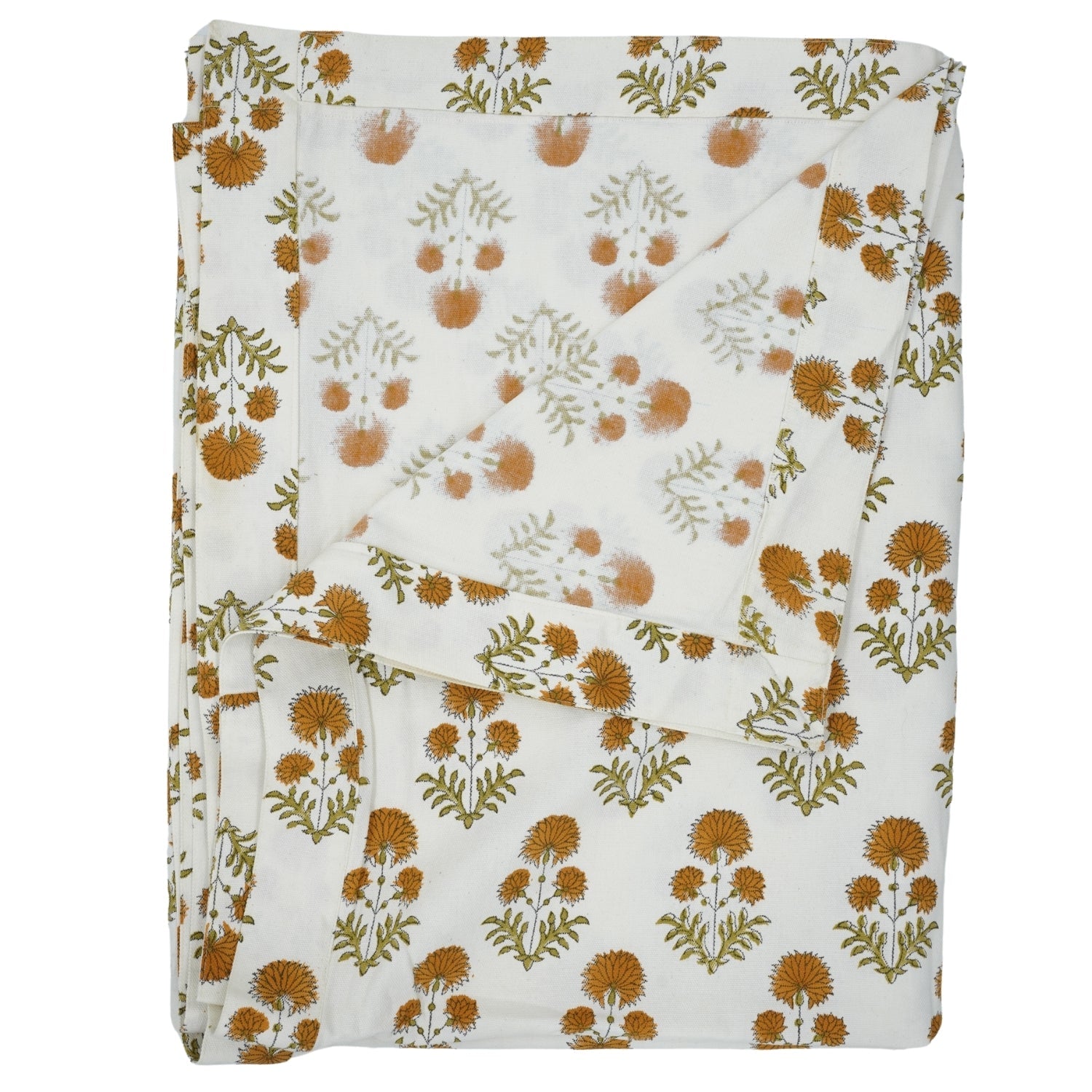 Round Floral Tablecloth in Thick Cotton with Rishi Mustard Hand-Block Prints – Green and Brown Elegance By Fabdivine