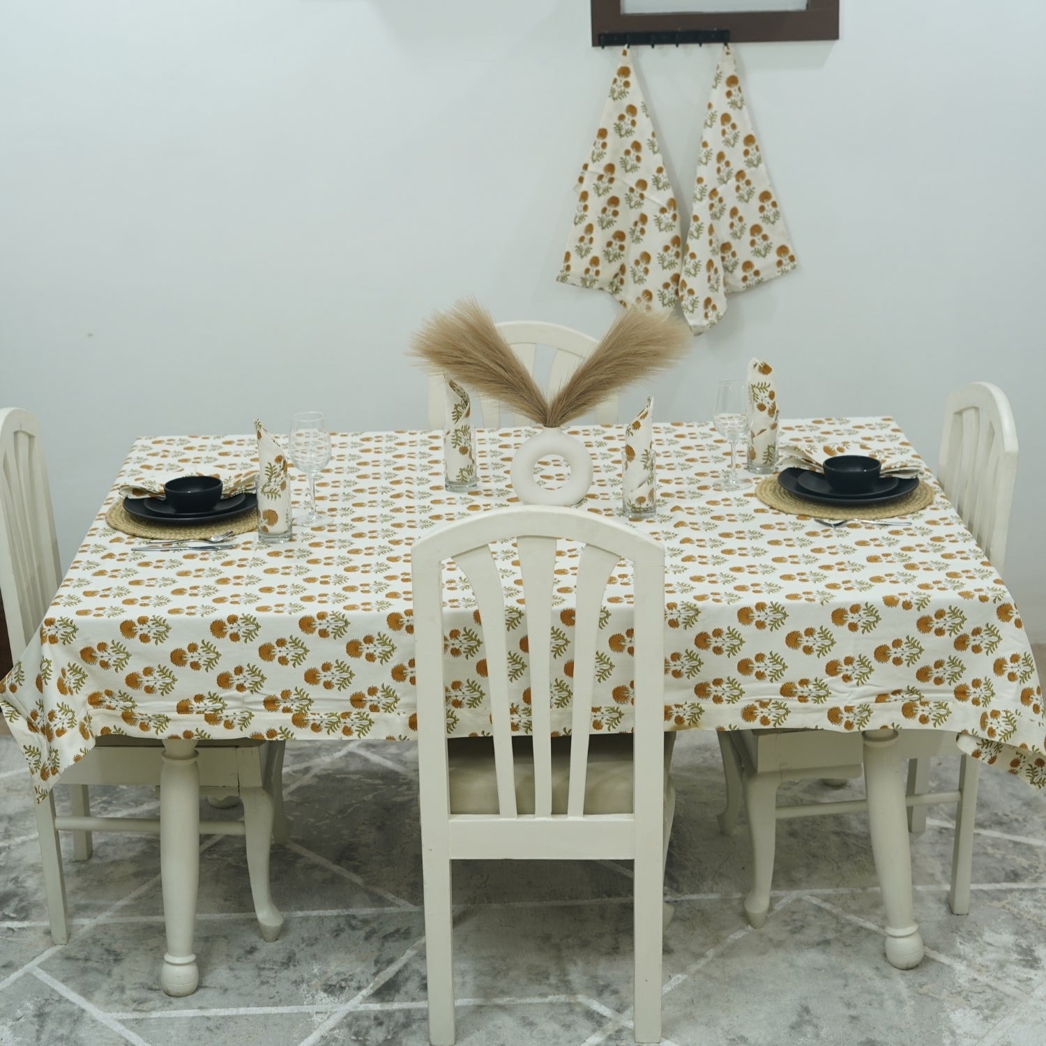 Round Floral Tablecloth in Thick Cotton with Rishi Mustard Hand-Block Prints – Green and Brown Elegance By Fabdivine