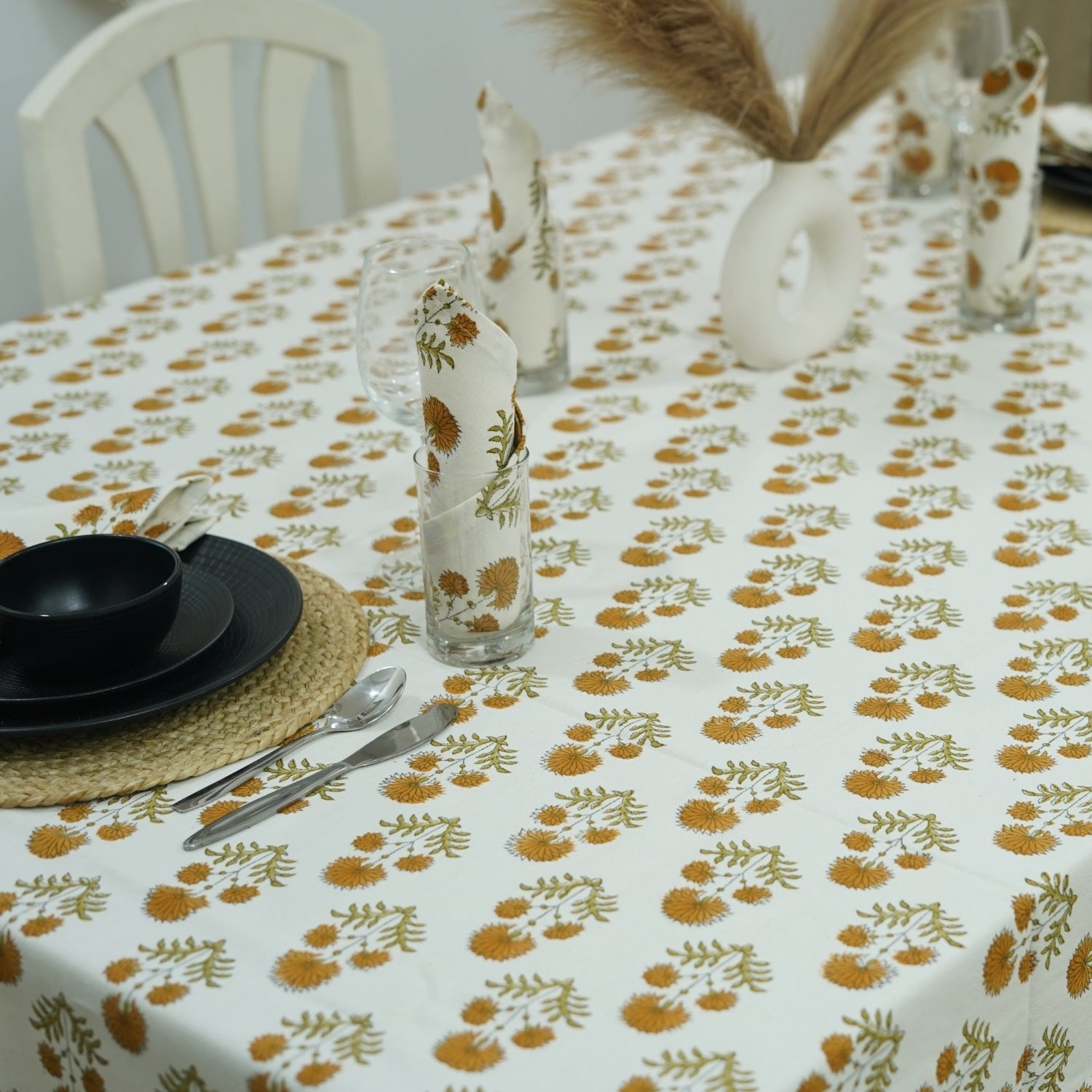 Round Floral Tablecloth in Thick Cotton with Rishi Mustard Hand-Block Prints – Green and Brown Elegance By Fabdivine