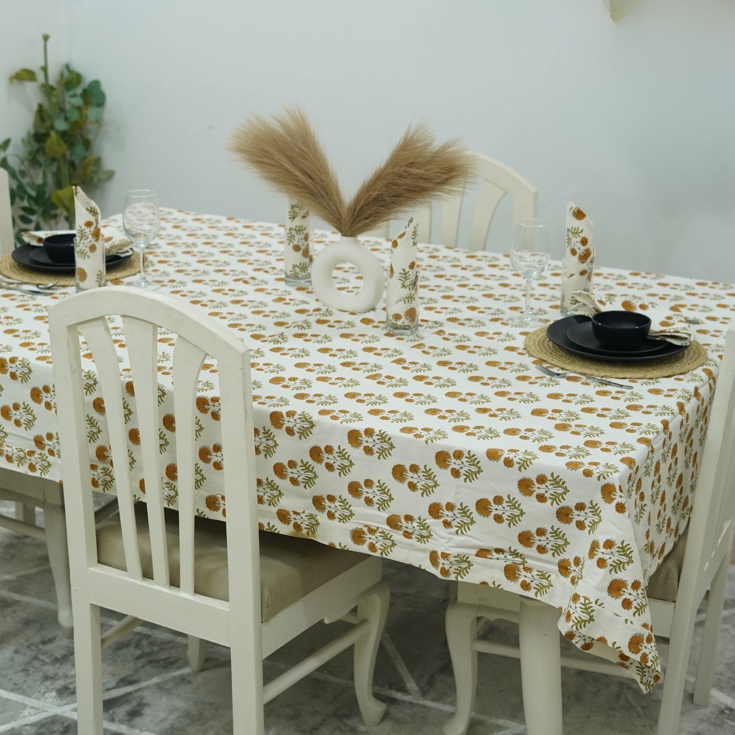 Round Floral Tablecloth in Thick Cotton with Rishi Mustard Hand-Block Prints – Green and Brown Elegance By Fabdivine