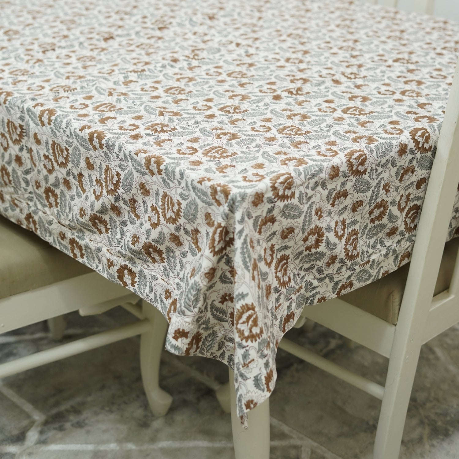 Handcrafted White Cotton Table Cover with Mandakani Leaf Floral Block Patterns in Gray and Brown By Fabdivine