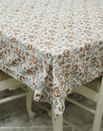 Handcrafted White Cotton Table Cover with Mandakani Leaf Floral Block Patterns in Gray and Brown By Fabdivine