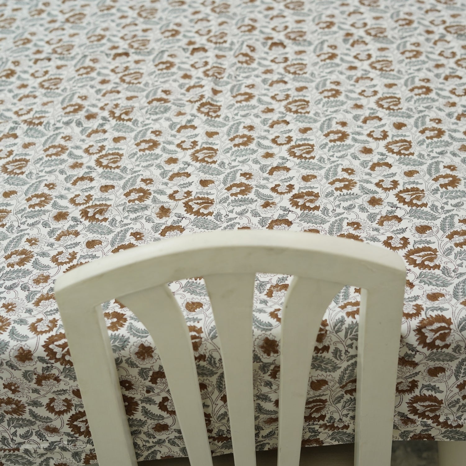 Handcrafted White Cotton Table Cover with Mandakani Leaf Floral Block Patterns in Gray and Brown By Fabdivine