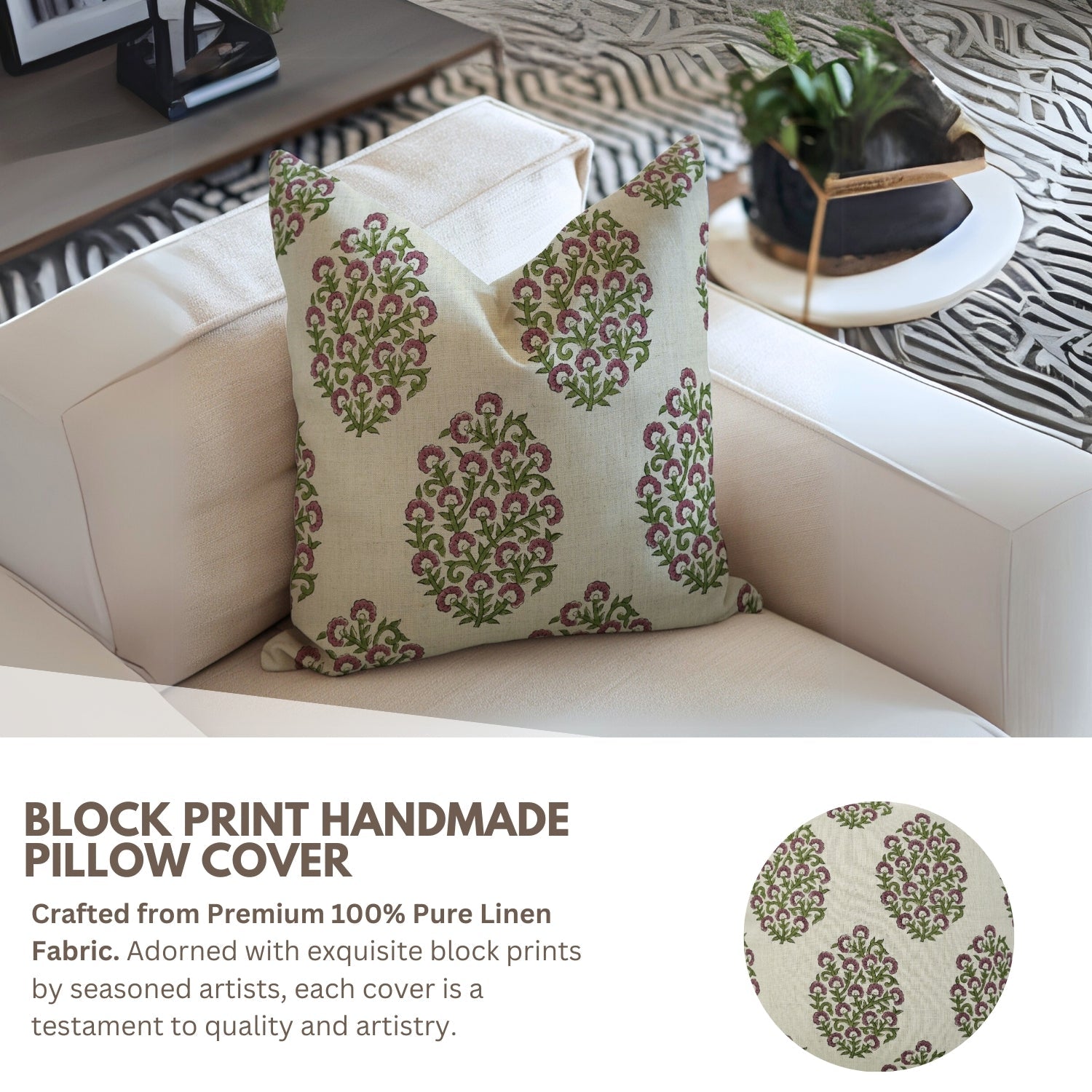 Hand Block Printed Home Decor Floral Pillow Case – Pure Linen Gudhal Green Design By Fabdivine.