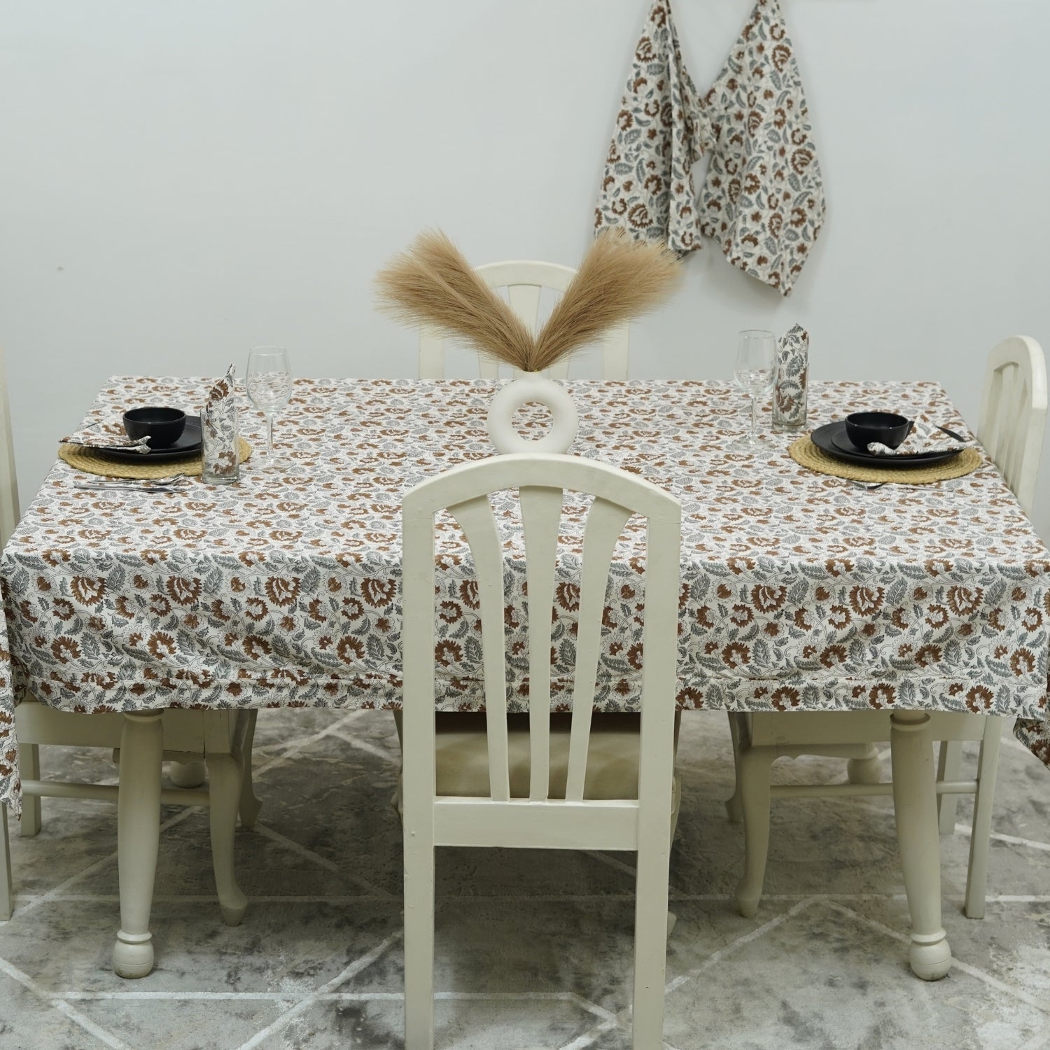 Handcrafted White Cotton Table Cover with Mandakani Leaf Floral Block Patterns in Gray and Brown By Fabdivine