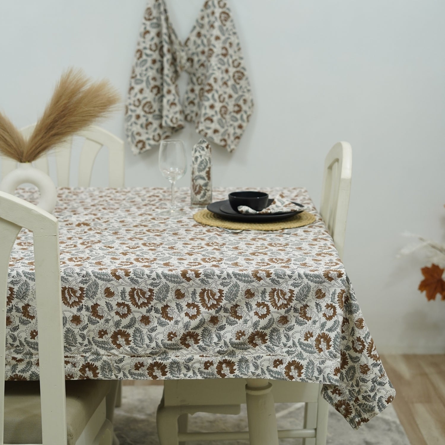 Handcrafted White Cotton Table Cover with Mandakani Leaf Floral Block Patterns in Gray and Brown By Fabdivine