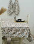 Handcrafted White Cotton Table Cover with Mandakani Leaf Floral Block Patterns in Gray and Brown By Fabdivine