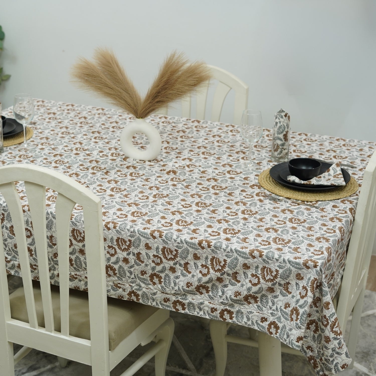 Handcrafted White Cotton Table Cover with Mandakani Leaf Floral Block Patterns in Gray and Brown By Fabdivine