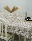 Handcrafted White Cotton Table Cover with Mandakani Leaf Floral Block Patterns in Gray and Brown By Fabdivine