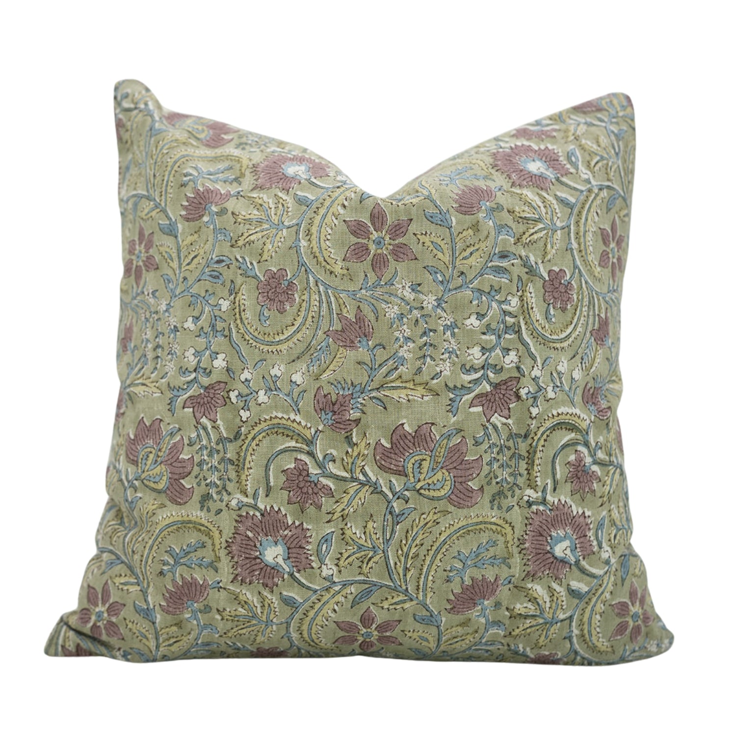 Kundanvan Handcrafted Viscose Pillow Cover – Green & Brown Floral Block Print Elegance